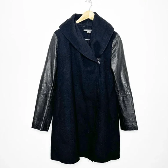 Vince Coat Double Faced Coat Wool Black Lamb Skin Leather Sleeve Shawl Collar S - Picture 2 of 8